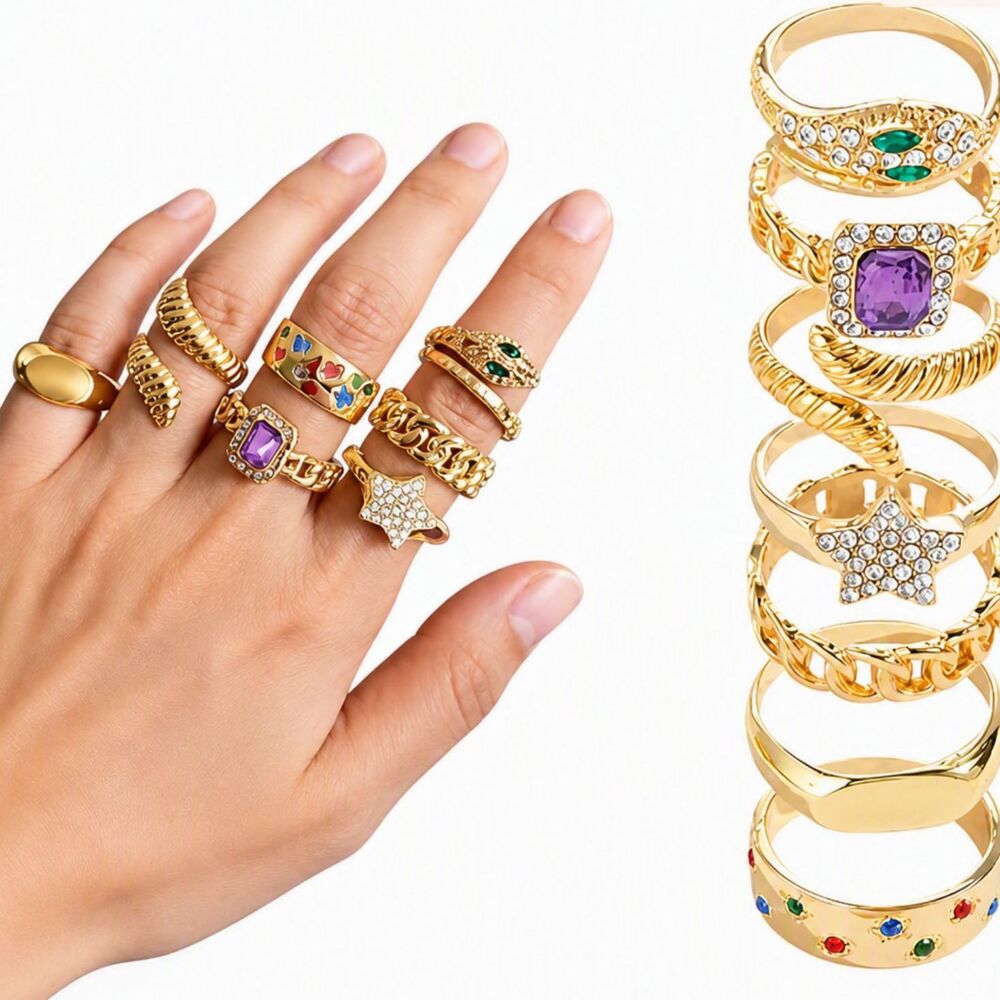 7 Piece VTG Style Chunky Gold Tone Metal Multicolor Rhinestone Fashion Ring Set